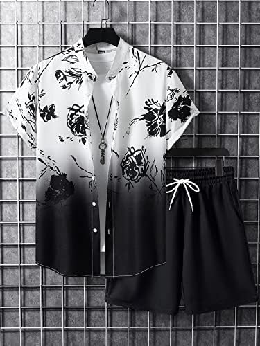 Oshho облека со две парчиња за мажи мажи со цветни печатени кошула и шорцеви за половината за влечење без мета