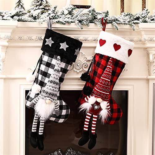 2 пакувања на персонализирани божиќни чорапи, Божиќни гноми елф црвена, црна и црвена биволска карирана Божиќна чорапи, украси за приврзоци