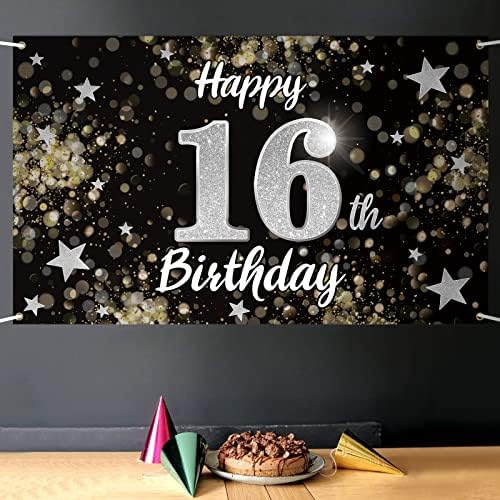 Нелбирт Среќен 16-Ти Роденден Црна &засилувач; Сребрена Ѕвезда Голем Банер-Навива На Шеснаесет Години Роденден Дома Ѕид Фотопроп Позадина,16-Ти