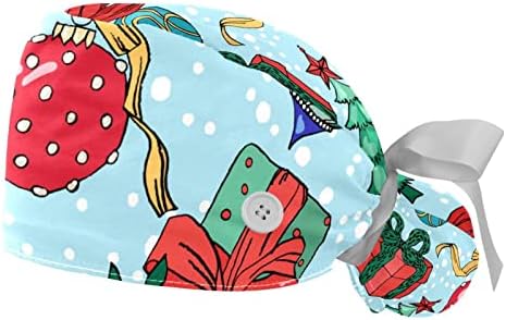 Медицински капачиња за жени со копчиња долга коса, 2 парчиња прилагодливо работно капаче, божиќни елементи кутија за подароци за топка