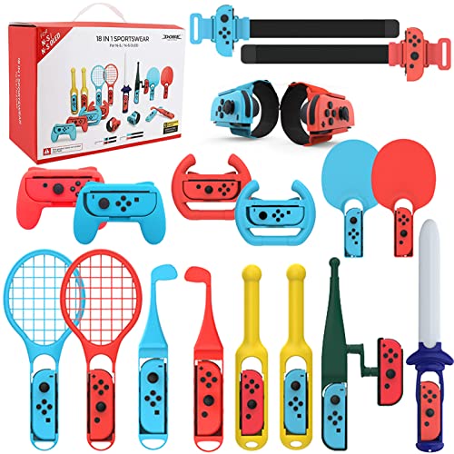 Преклопни спортови додатоци за пакети за Nintendo Switch Game 18 во 1 Комплет за додатоци за спорт: меч, зглоб бенд, рекети за