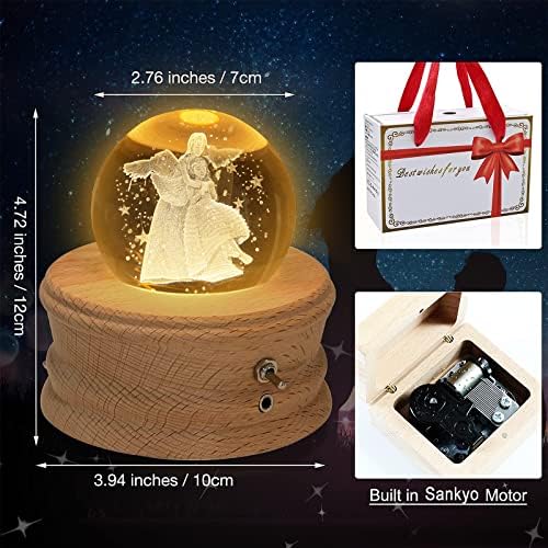 Kibuhain 3D Crystal Ball Music Box со проекција LED светло и ротирачка дрвена база, најдобар подарок за Божиќниот роденден Денот на вineубените,