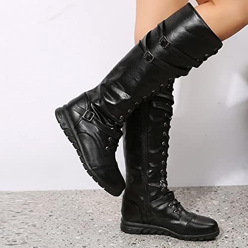 Sinените на Sinzelimin Women Over The Conne Boot Chunky Platform Shoes Lace Up Bucky Outdoor Non-Slip Колено Високо подигање на
