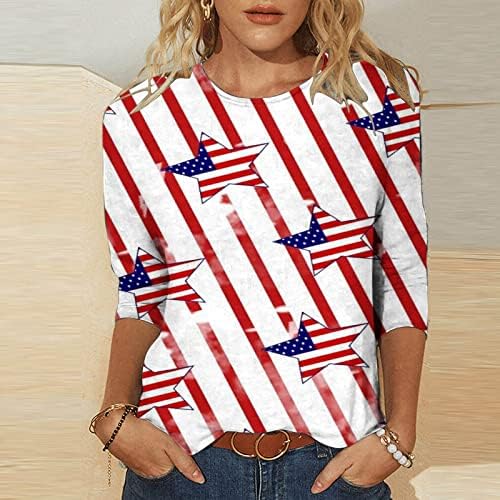 Tuianres Womens America Flag Blag Mirts 2023 Трендовски starsвезди ленти патриотска маичка со маички 3/4 ракав Денот на независноста