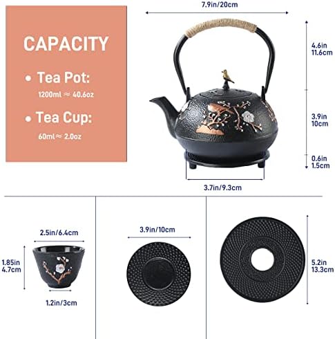 Сехудо чај поставен чај котел Јапонски стил Прекрасен црн леано железо чајник сет со 4 чаши, 4 чаши душеци, 1 Trivet и 1 држач за капакот,