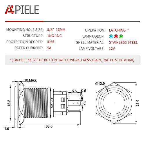 Прекинувач за копче за притискање на копчето Apiele 16mm 0,63 12V напојување на симбол за напојување LED автомобил метал со приклучок