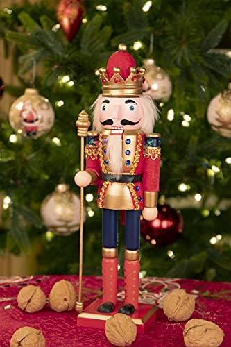 Умен креации Црвен источен крал 12 инчи Традиционален дрвен оревчекер, празничен Божиќен декор за полици и табели