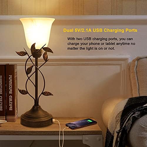 Светилки за контрола на допир во кревет во кревет со двојни USB порти 3 начини затемнување на ноќната ламба гроздобер лисја светилка за спална