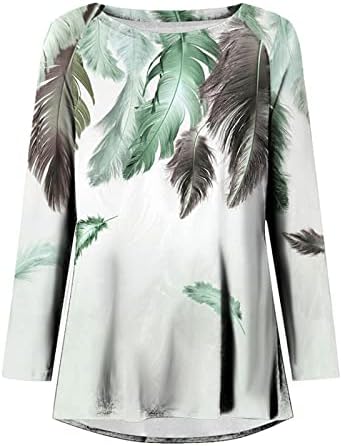 Маици на Nokmopo за жени модни женски обични лабава лабава тркалезна врата со долги ракави печати маица пулвер Туника врвови