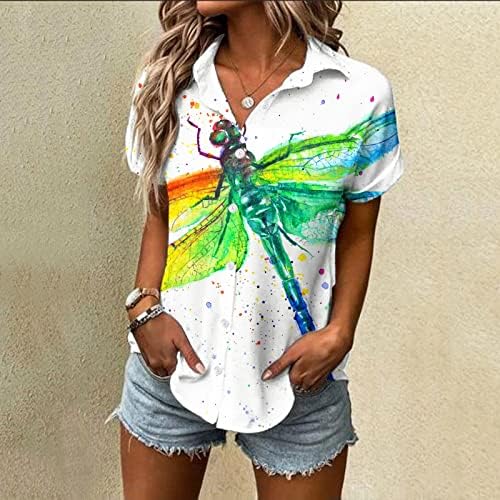 Дами кошули со кратки ракави копче надолу по ламјтни кошули за печатење на пеперутки летни обични кошули на плажа