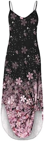 OPLXUO летни макси фустани за жени 2023 случајна V-вратот без ракави лизгање со долга садска вратоврска боја, боја, лабава облека