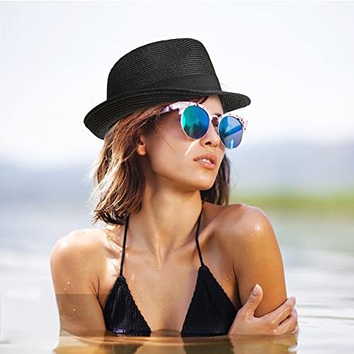 Слама федора Сонце капи за жени и мажи, прилагодлива кратка обрнска плажа Трилби капа за пакувања на панама летна капа upf 50+