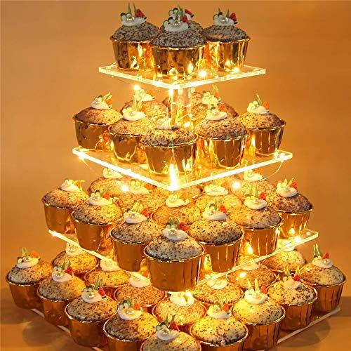Торта Стојат 4 Слој Дебели Квадратни Акрилни Осветлени Торта Стојат Предводена Светлина Погоден За Свадба Одмор Дисплеј Штанд За Чај