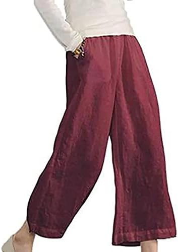 Womenените летни панталони Еластични панталони со широки нозе со високи половини, лабави памучни постелнини палацо панталони, буги