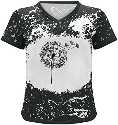 Женски графички печати кошули со кратки ракави за глуварче за печатење на тренингот маички со маички V вратот на вратот на врвот на маицата
