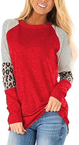 Womenените леопард печатени џемпери плус големина спојувајќи ги маичките со долги ракави, ленти лабави вклопени екипи на врвови на
