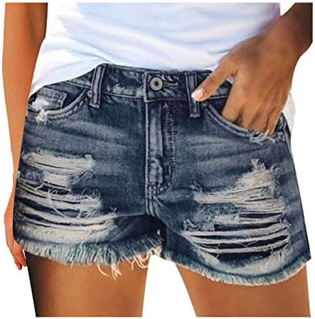 Деним шорцеви за жени потресени искинати летни шорцеви исечени копче со средно половината, топла панталони за забава на плажа, обични шорцеви