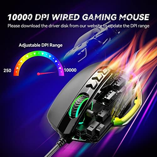 Tecknet Wired Gaming Mouse, ергономски игри глушец со 10000 dpi, USB оптички жичен глушец со RGB LED -позадинско осветлување,