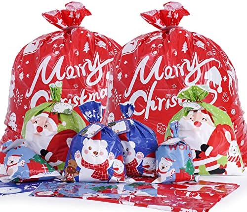 Јилунео 12 Парчиња Божиќни Џамбо Големи Торби За Подароци 44 Х 36 Пластични Кеси За Завиткување Божиќни Подароци 4 Големини Со