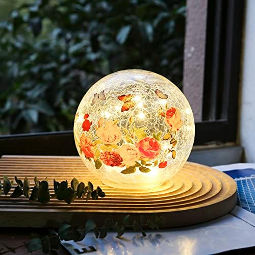 Kaowod безжичен стаклен стаклен топка пеперутки ламба, батерија управувана светлина од природна витраж декор сфера акцент ламба, осветлена ламба