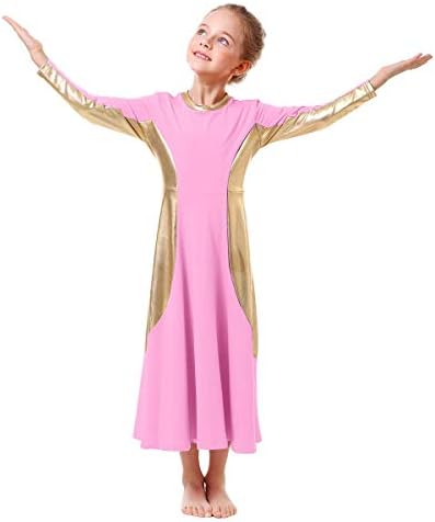 Ибаком девојки го фалат литургиското обожавање со целосна должина металик златен танц фустан лабав вклопување во костум за танцување