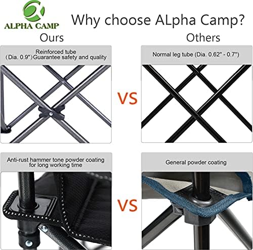 Алфа камп преголем кампување стол за преклопување тешка поддршка 450 фунти Преголема челична рамка склопувачки стол за рака со рака со држач