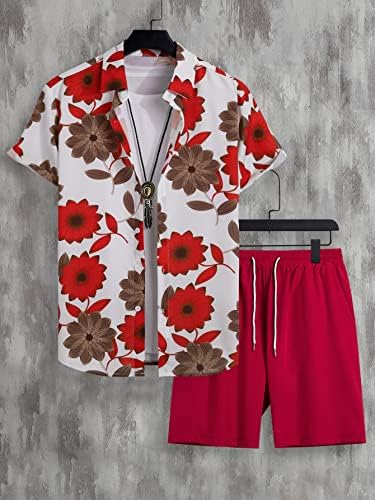 Lubose Облека со две парчиња за мажи мажи со цветни печатени кошула и шорцеви за половината за влечење без мета