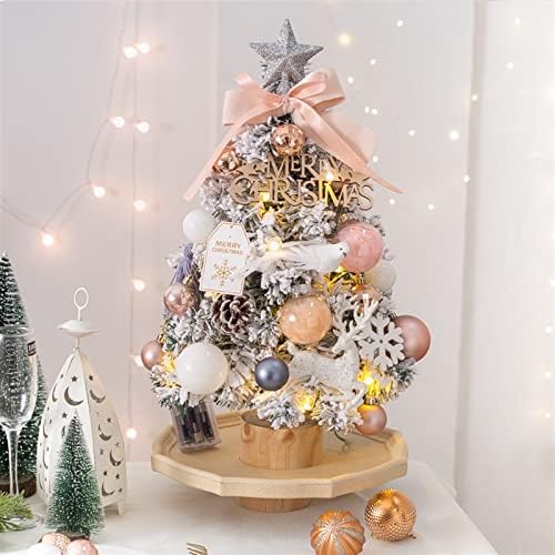 Аетиг од 18 инчи мини новогодишна елка, вештачки снег собрана елка со LED светла и украси, розови Божиќни украси за домашна канцеларија