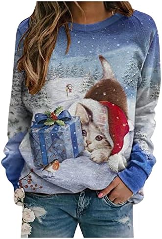Божиќни кошули за жени 2022 модни графички екипи џемпери гроздобер смешни долги ракави пријатни симпатични туники врвови облеки облеки