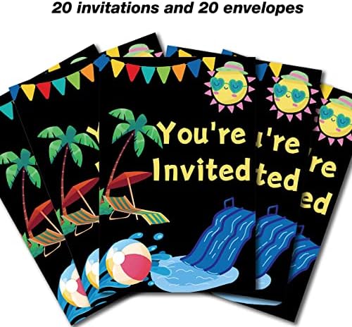 Покани за роденденска забава во вода, Пополнете сет од 20 со пликови во вода, летен базен забава поканува картички за материјали, двострани