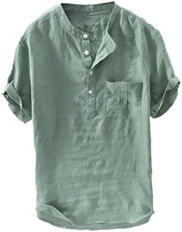 Врвот за машка памучна постелнина 3/4 ракав цврсти кошули од предна града, џеб џеб кошула, маица со јака маица блуза m-3xl