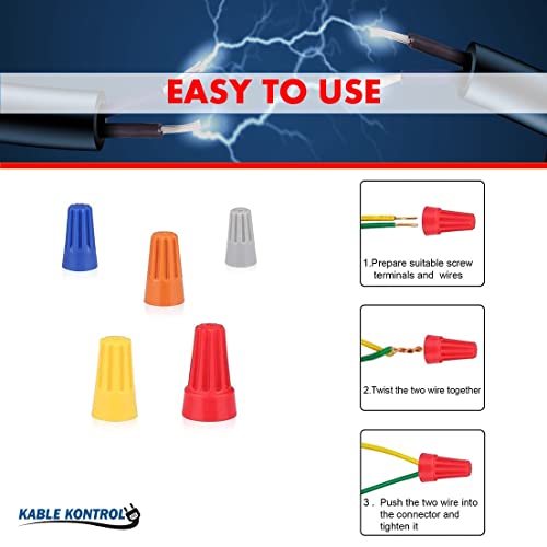 Конектори за жица Kable Kontrol за електрични жици 12-10 AWG - 100 парчиња - не -крилни жици капачиња за завртки Терминали за завртки за вртење