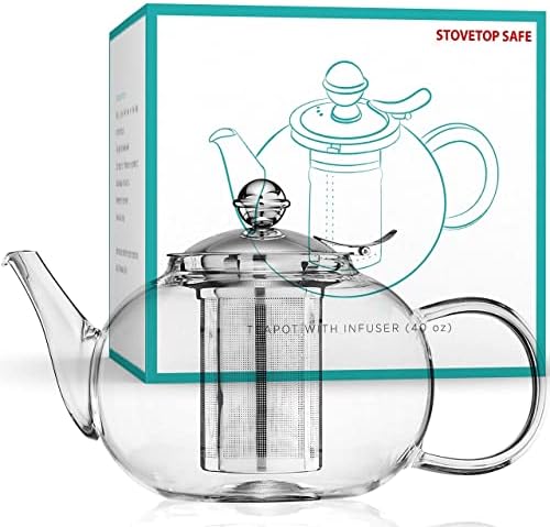 Стаклен чајник Стопет безбеден - Инфузер од не'рѓосувачки челик - Цветање и лабав сад за чај од лисја - голем капацитет 1200ml/40oz