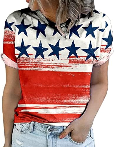 Женски обични врвови на американско знаме маица со кратки ракави со тркалез во вратот на вратот Ден на независност на 4-ти јули пулвер врвот