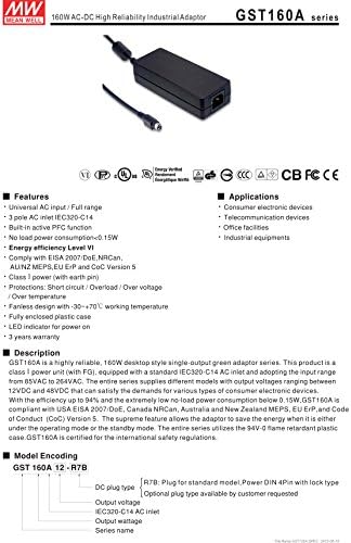 MW значи добро GST160A20-R7B 20V 8A AC/DC Индустриски адаптер за висока сигурност