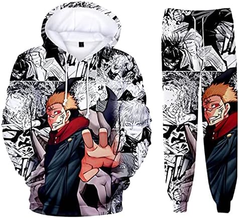 Амома унисекс аниме cosplay sukuna itadori панталони комплети 3D печатени космери со 2 парчиња худи и костум со џемпери