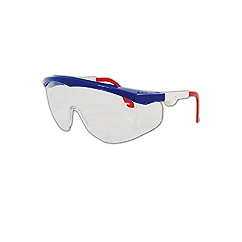 Безбедност на MCR TK130 Tomahawk безбедносни очила со јасни леќи отпорни на гребење и обоена рамка, стандардна, црвена/бела/сина боја