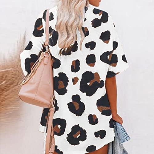 Врво на туника за жени 2023 летна мода леопард печатен пулвер преголем лабав кратки ракави на врвови за маици на вратот