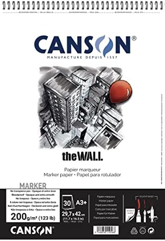 Canson the Wall Marker 200gsm A3 хартија, дополнителна мазна, кратка страна на спирална подлога, 30 бели чаршафи, идеално за