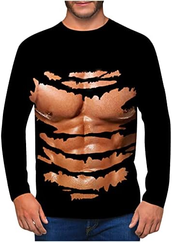 Трендовски обичен кошула за мажи 3Д дигитален мускул печатење тркалезен врат со долг ракав пулвер блуза кул улична облека врвови