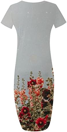 Макси фустан за жени, женски кратки ракави обични лабави летни летни фустани поделени фустан од плажа со џебови