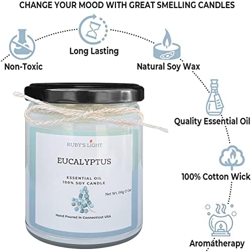 Свеќа за есенцијално масло од еукалиптус | Ароматерапија за домот | 9 мл стаклена тегла | Сите природни свеќи од соја | Памук фитил | Висок