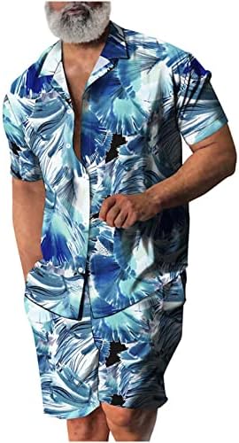 Машки татко кошули и шорцеви 2 парчиња поставени кратки ракави кардиган блуза врвови на ховаи плажа одмори за одмор, обични облеки