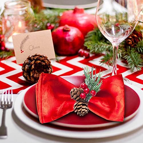 CDBZ 12 парчиња божиќни прстени за салфетки, дрвени борови конуси, божиќна салфетка држач со игли од бор, црвени бобинки оставаат декор