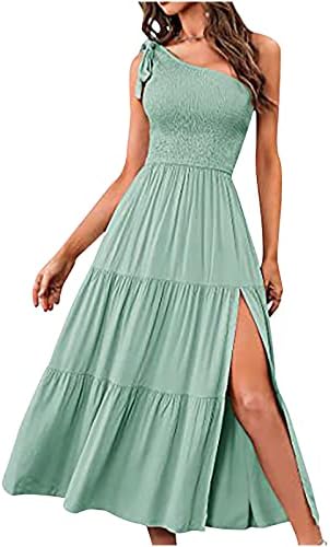 Летен фустан за жени 2023 Модна дама секси цврста боја Направете пресек Сплит без ракав тенок фустан #1