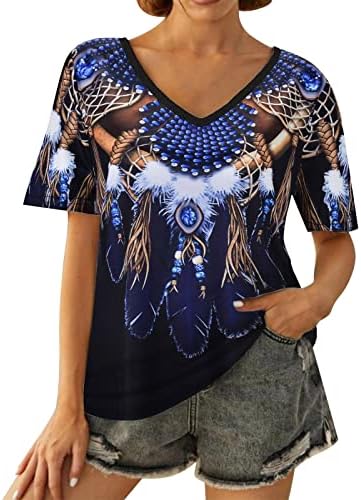 Летни кошули за женски женски пердув печати племенски стил диви обични модни кратки ракави маички обичен врв