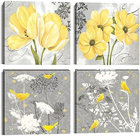 Wallид HDQ жолто сиво wallидно платно платно цвеќиња птици wallид декор за дневна соба бања Апстракт модерни цветни големи постери печати