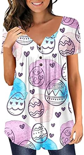 Плус големина на врвови за жени Велигденски жени кратки ракави екипаж вратот зајак јајце јајце печатена маица обичен краток ракав