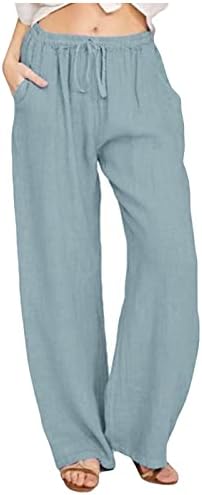 Широки панталони за нозе за жени еластични џемпери на половината, кои влечеа панталони со низок пораст, панталони со џебови исправени