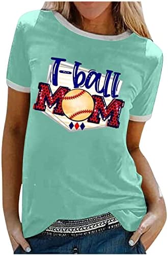 Womenените летни врвови на екипажот на вратот Цврста боја Т-топката Бејзбол мама Туника ТЕДИ Трендовски буква печати удобна лабава блуза